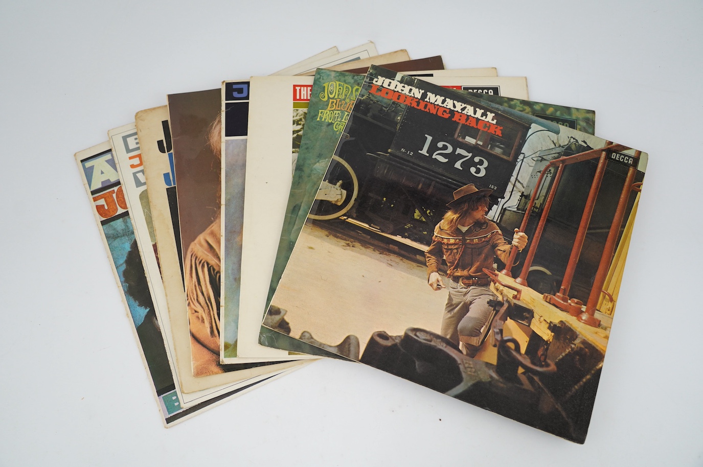 Eight John Mayall LP record albums; Looking Back, Blues from Laurie Canyon, The Diary of a Band, The Blues Alone, The World of John Mayall, Jazz Blues Fusion, Blues Breakers, A Hard Road. Condition - fair